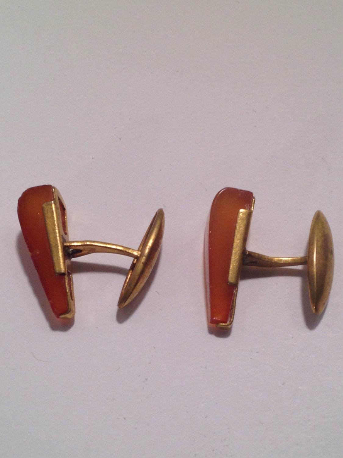 Boutons De Manchettes Vintage Art Déco - Strass Facetté Couleur Miel Fumé Sur Plaqué Or - Occasion
