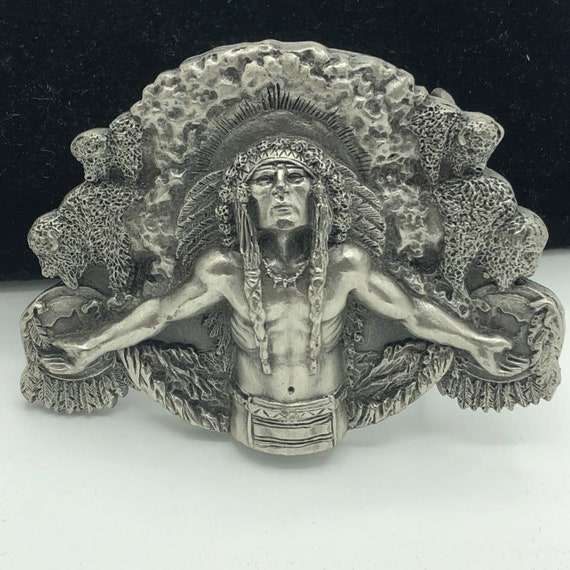 Native American Indian Belt Buckle Pewter - image 5
