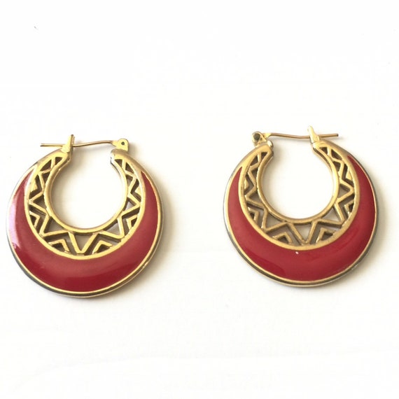 Red Enamel Pierced Hoop Earrings 1980's