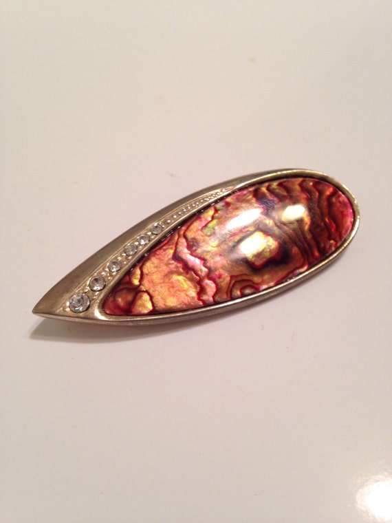 Abalone Shell Honey Gold Pin  Brooch Rhinestones - image 3