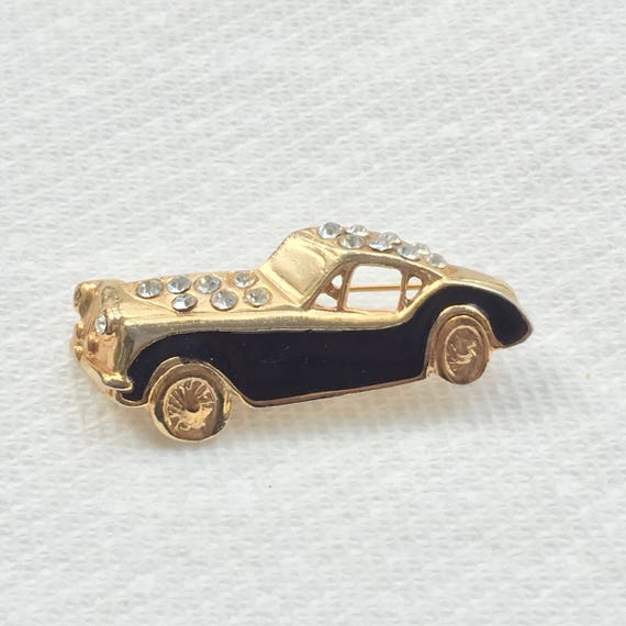 Car Automobile Pin Brooch Rhinestone Black Enamel Designer