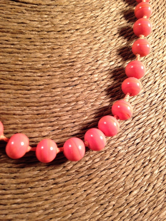 Art Deco Coral Glass Beaded Necklace Hand Knotted 