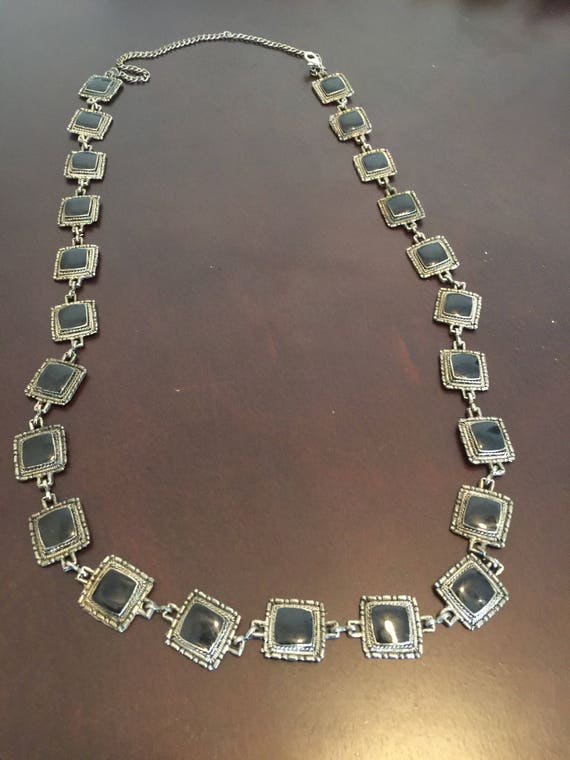 Black Enamel Vintage Silver Tile Necklace