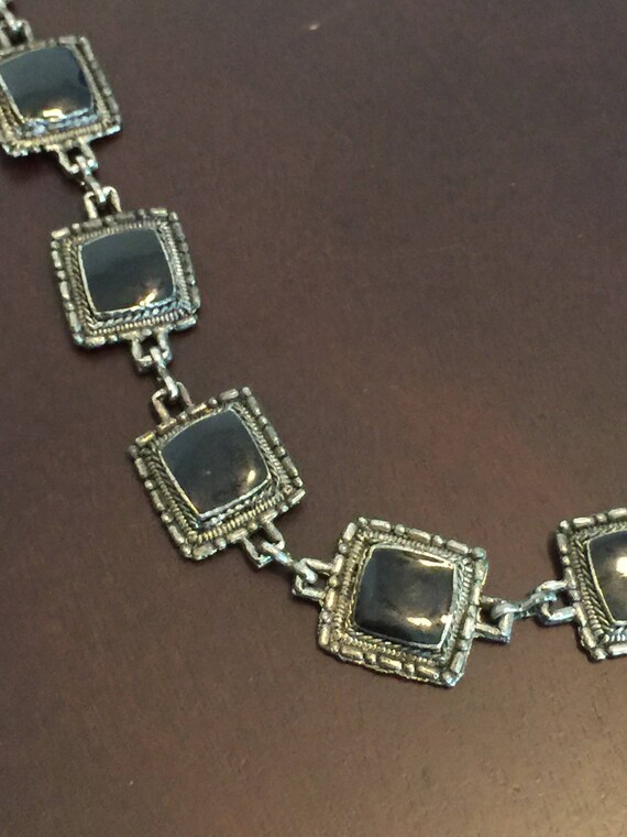 Black Enamel Vintage Silver Tile Necklace - image 3