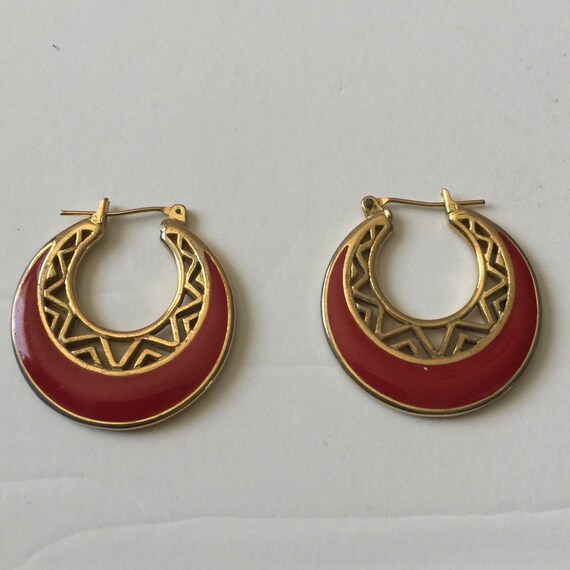 Red Enamel Pierced Hoop Earrings 1980's - image 3