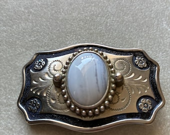 Ladies Western Belt Buckle Blue Stone Agate Cabochon Cowboy Cowgirl Southwestern Country Western Wear