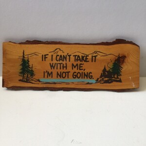 May include: Wooden sign with a rustic woodgrain finish. The sign features a painted scene of a mountain range, trees, and a lake. The text on the sign reads "If I can't take it with me, I'm not going."