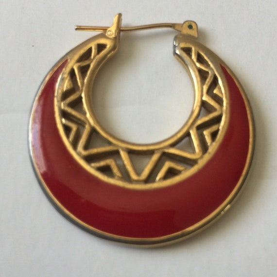 Red Enamel Pierced Hoop Earrings 1980's - image 2