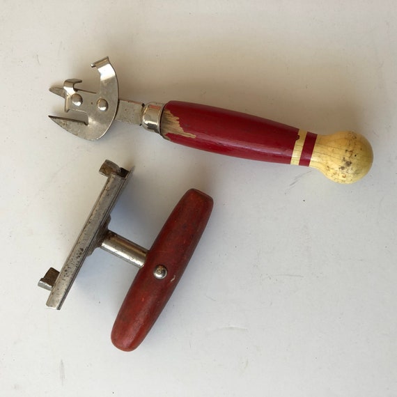 Vintage Mid Century Two Can Openers Red Wood Handle 50's Kitchen