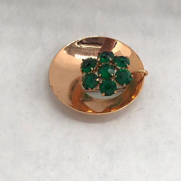 Vintage Coro Sterling Craft Dress Clip Copper Emerald Green Rhinestone Pin Mad Men Mod Signed Coro