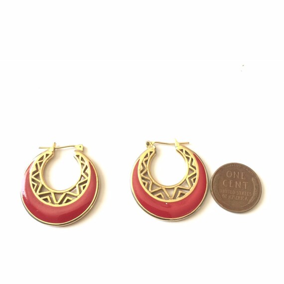 Red Enamel Pierced Hoop Earrings 1980's - image 4