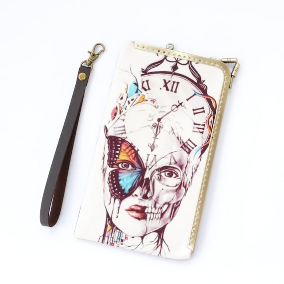 women skull wristlet phone case, gothic butterfly iphone 7 8 X XS Max plus cover, vintage clock phone bag clutch, samsung wallet