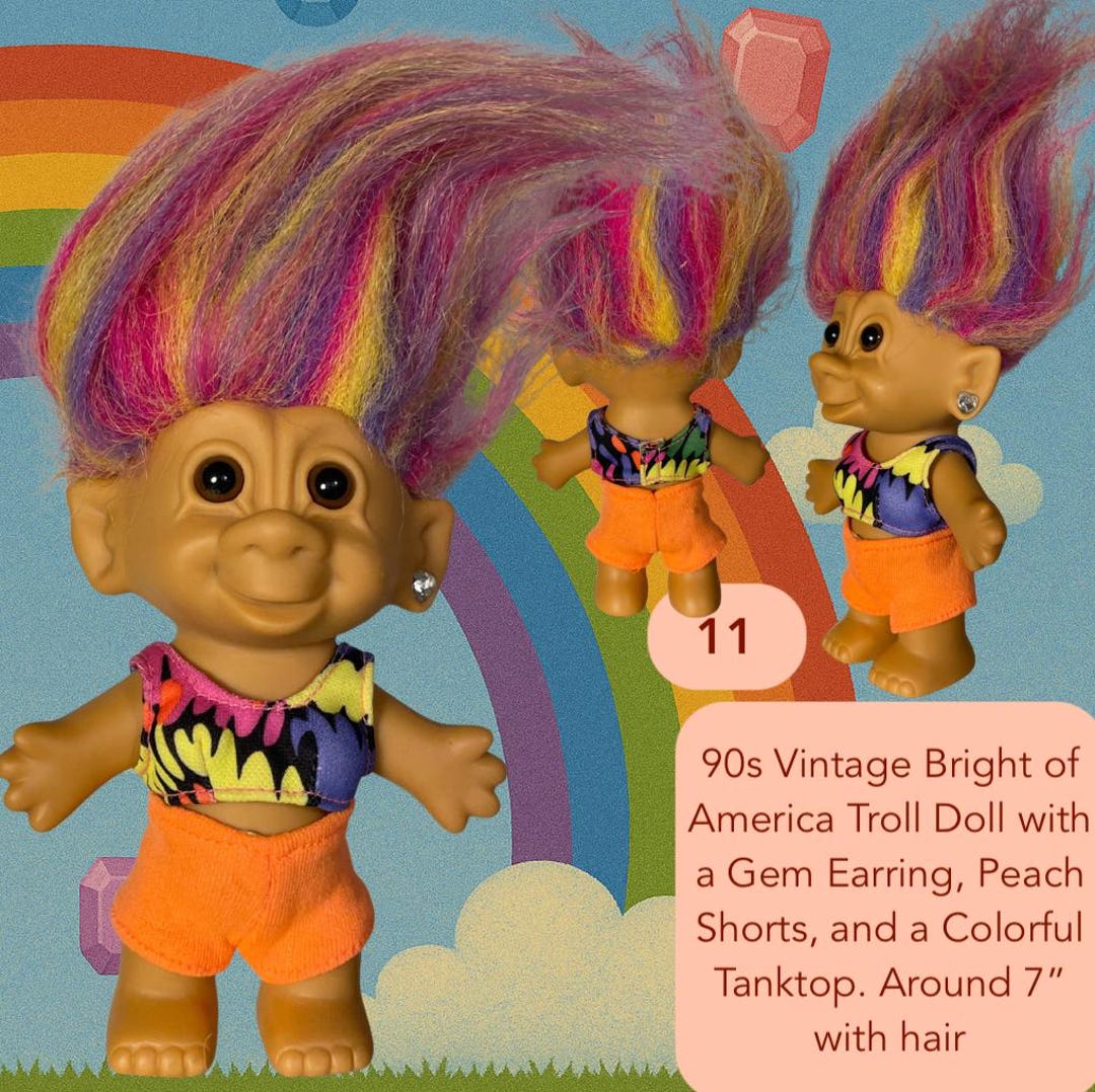 Vintage 90s Bright of America Rainbow Troll Doll With Gem Earring