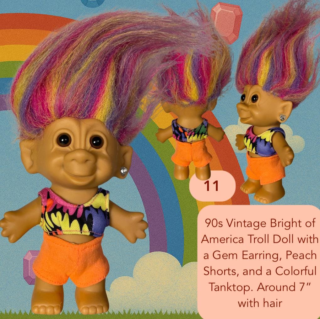 Vintage 90s Bright of America Rainbow Troll Doll With Gem Earring