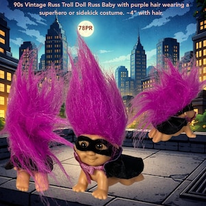 May include: Vintage Russ Troll Doll babies with vibrant purple hair, dressed in superhero costumes. Each doll is approximately 4 inches tall, featuring a black mask and cape. The dolls are posed on a rooftop with a city skyline backdrop.