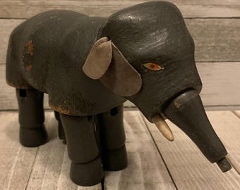 Antique Schoenhut Wood Elephant Figurine Articulated Rope tail Painted 1910s Humpty Dumpty Circus