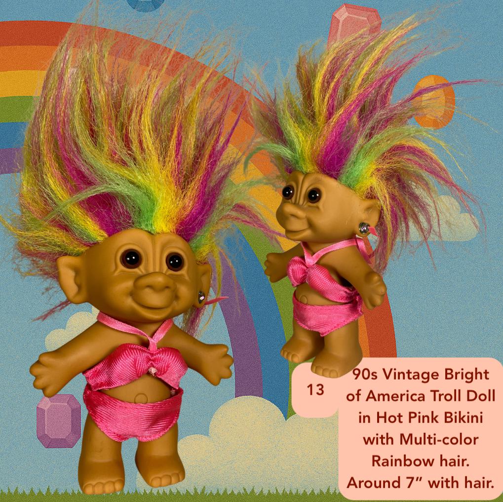 Vintage 90s Bright of America Rainbow Troll Doll With Gem Earring