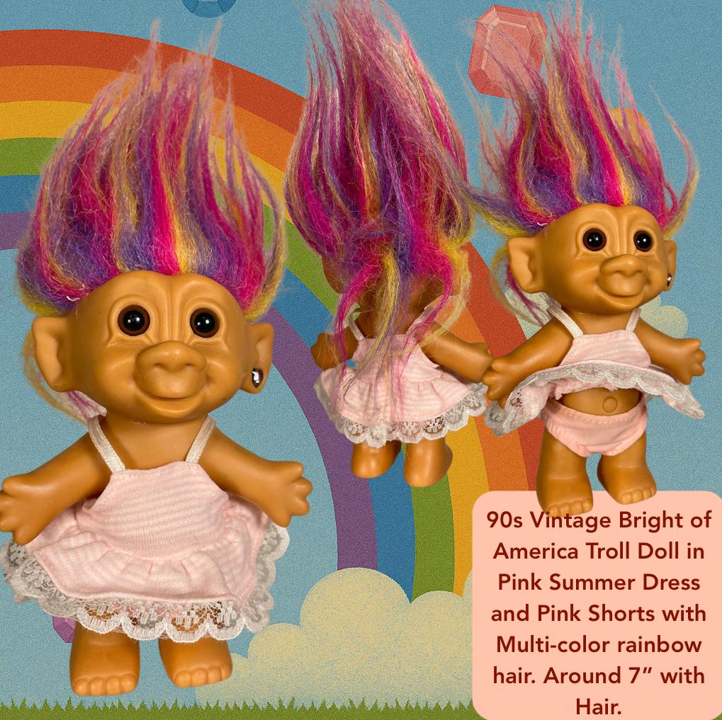 Vintage 90s Bright of America Rainbow Troll Doll With Gem Earring