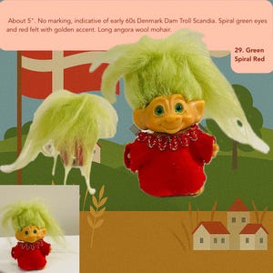May include: A vintage troll doll with green hair and green eyes, wearing a red felt outfit with a golden accent. The doll is approximately 5 inches tall. The text on the image says "29. Green Spiral Red".
