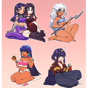 May include: A set of four digital illustrations featuring anime-style characters. One shows two figures in purple and dark red outfits, another a figure with white hair holding a polearm, one with a gold sphere, and one in a patterned kimono.