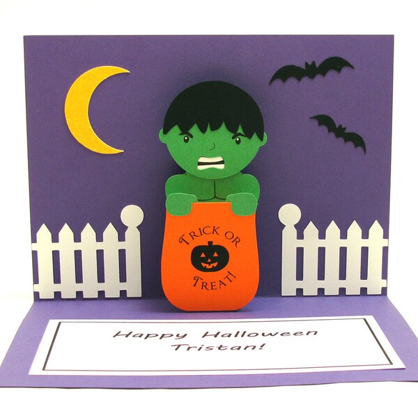 Pop up Halloween card - handmade personalized Halloween card for kids with Hulk trick-or-treater - incredible hulk halloween card