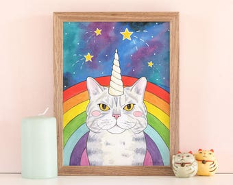 Space Cat Unicorn Rainbow Art Print Poster - British Shorthair Kawaii Cat Wall Art, a Gift for Cat Lover or Crazy Cat Lady, Nyan Caticorn