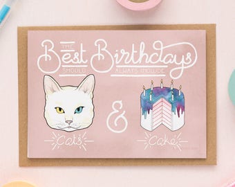 Cats & Cake Birthday Card for a Cat Lover or Crazy Cat Lady, for a Best Friend or Girlfriend with Illustration of a Cat and a Birthday Cake