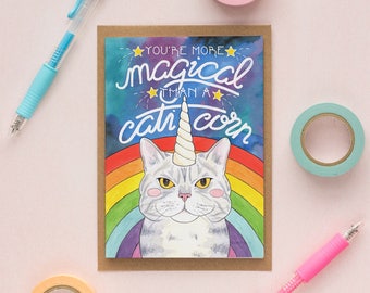 Space Cat Unicorn Rainbow Birthday / Friendship Card - British Shorthair Kawaii Cat, a Gift for Cat Lover or Crazy Cat Lady, Nyan Caticorn