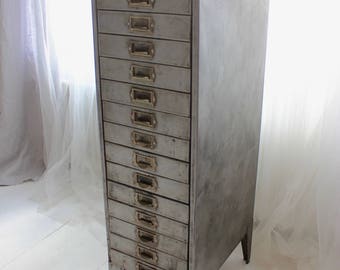 Felix Tall and Narrow Reclaimed Vintage Urban Industrial 1940s Stripped Steel 15 Drawer Filing Cabinet