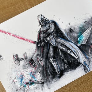 May include: A black and white drawing of Darth Vader from Star Wars, standing in a dramatic pose with a red lightsaber. The background is a gray and white abstract design with a hint of blue.