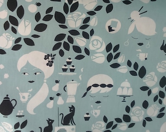 Cotton Canvas Fabric blue black white Roses Girls Black cats Modern Scandinavian Design Kids Fabric Scandinavian Design Scandinavian Textile