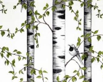 Fabric white beige black Birds green Birches Modern Scandinavian Design Cotton Fabric Kids Fabric Scandinavian Design Scandinavian Textile