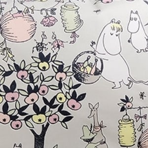 Moomins fabric Moomins in the garden beige background Moomins characters Cotton Fabric Kids Fabric Scandinavian Design Scandinavian Textile