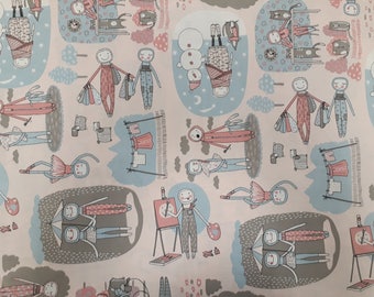 Fabric cotton beige grey blue red people lifestyle cartoon Cotton Fabric Kids Fabric Scandinavian Design Scandinavian Textile