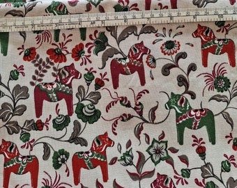 Fabric beige red green small Swedish Dala Horses Modern Scandinavian Design Cotton Fabric Scandinavian Design Scandinavian Textile