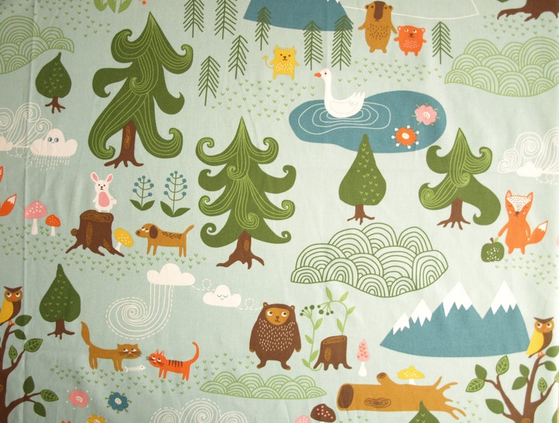 Fabric pale blue forest and Animals fabric Cotton Fabric Kids Fabric Scandinavian Design Scandinavian Textile image 2