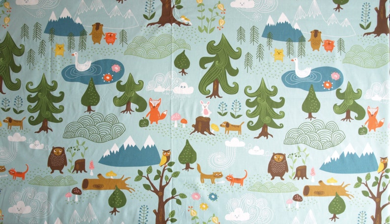 Fabric pale blue forest and Animals fabric Cotton Fabric Kids Fabric Scandinavian Design Scandinavian Textile image 1