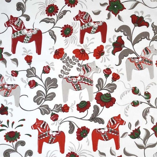 Fabric white red beige brown green LARGE Swedish Dala Horses Modern Scandinavian Design Cotton Fabric Scandinavian Textile