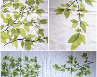 Linen fabric green leaves black brunches Tea towel fabric Pillow cover fabric Table Runner Natural Scandinavian design Nordic fabric