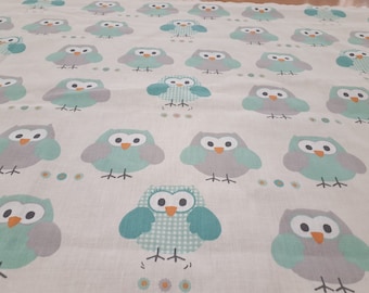 OWL cotton Fabric white pale green beige brown Owls Cotton Fabric Kids Fabric Europe Design Kids Textile Fabric by yard