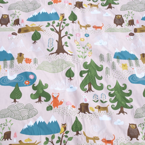 Tessuto rosa pallido foresta e animali tessuto tessuto di cotone tessuto per bambini design scandinavo tessile scandinavo