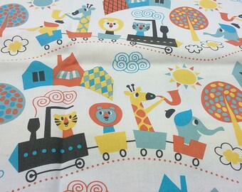 Fabric white yellow blue fun Animals Trains Trees Modern Kids Nursery fabric Cotton Fabric Scandinavian Design Scandinavian Textile