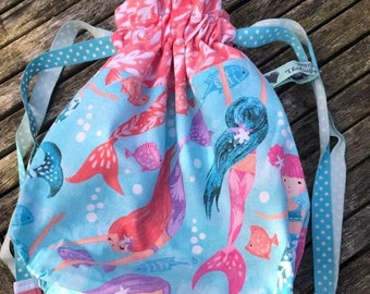 Pretty Mermaids swimming drawstring lined Project Bag for knitting or crocheting / Wash Bag