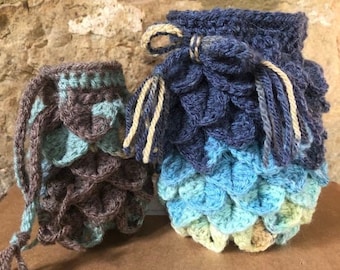 Dragon Scales or Crocodile Stitch Crocheted Dice Bag / Present Bag / Treasures Bag / Pouch ~ 2 sizes approximately 3 1/2" and 5" tall