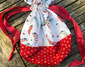 Sailing Boats and Polka Dots drawstring lined Project Bag for knitting or crocheting / Wash Bag