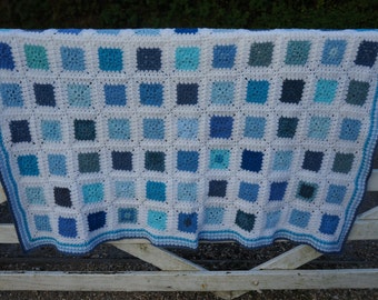 Crochet Afghan Blanket Blue and White 53" x 44" Handmade Throw