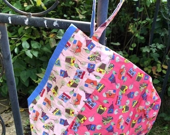 Colourful Little Houses on pink drawstring lined Project Bag for knitting or crocheting / Wash Bag