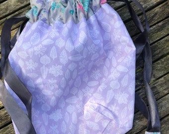 Delicate flower and leaves in mauve and grey flowers drawstring lined Project Bag for knitting or crocheting / Wash Bag