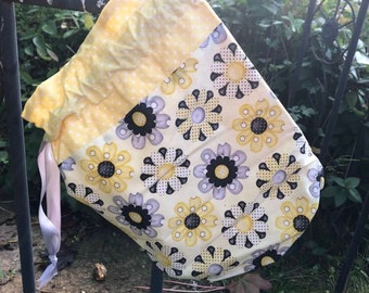 Yellow and grey flowers drawstring lined Project Bag for knitting or crocheting / Wash Bag