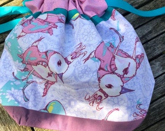 Pretty Princess Birds with crowns and cloaks Drawstring Project Bag for knitting or crocheting / Wash Bag